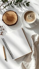 Coffee, notebook, and wood on white