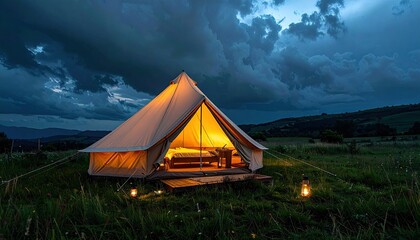Illuminated tent at dusk in a meadow