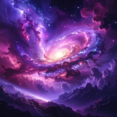 Swirling vibrant galaxy above landscape