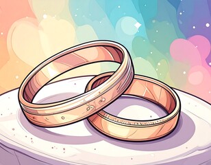 Two wedding rings on a platform, rainbow background