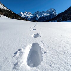 Footprints in snowy, mountainous field