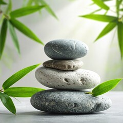Stacked stones with bamboo leaves