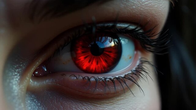 Intense Vampire Gaze A close-up of a captivating female vampire's unwavering, perfect eye, creating a chilling, mesmerizing, and dramatic effect in 4k
