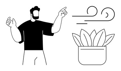 Man gesturing with hand, wind outlines, potted plant with large leaves. Ideal for sustainability, environment, nature, ecology, renewable energy growth mindfulness. Simple flat metaphor