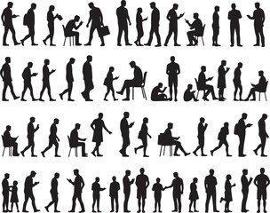 Silhouettes of people walking reading and using phones
