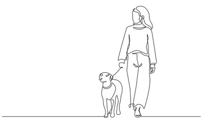 Woman Walking with Dog One Line Drawing. Continuous Single Line Drawing of Girl and Dog Walking Together. Domestic Animal Hand Drawn Vector Illustration. Cute Pet Contour Silhouette Outline Style
