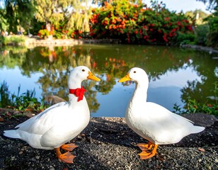 Two white ducks with red bows near a pond