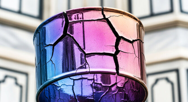 Abstract cracked metallic cylinder reflecting vibrant pink purple and blue hues in architectural setting, Generative Ai