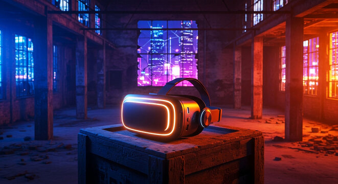 Futuristic virtual reality headset illuminated by vibrant neon lights in an abandoned industrial setting, Generative Ai - Powered by Adobe