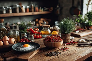 Kitchen counter with culinary ingredients