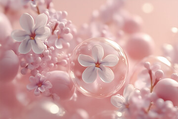 Tiny blossoms surround a transparent bubble encasing a delicate flower in soft spring light.
