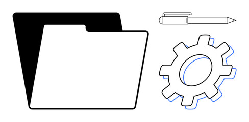 Open file folder, gear symbol, and pen outline suggest productivity, task management, system setup, collaboration. Ideal for teamwork, office, business workflow optimization planning simple flat