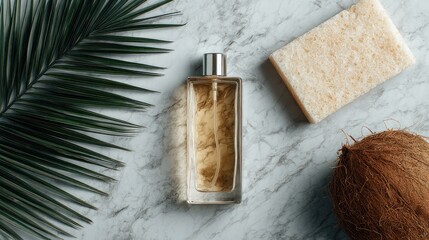 Elegant Perfume Bottle with Natural Sponge and Coconut on Marble Surface