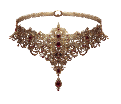 Vintage gold tiara with red gems isolated on transparent background, jewelry design