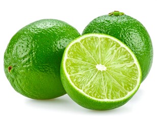 Two whole limes and a lime slice against white