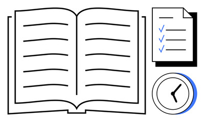 Open book with visible lines, checklist with marked items, and clock indicating themes of study, productivity, deadlines. Ideal for education, time management, organization, task planning focus