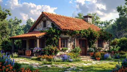 Obraz premium A charming stone cottage with a terracotta roof, surrounded by lush greenery and vibrant flowers, under a bright blue sky with fluffy clouds.