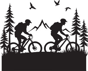 Obraz premium Two cyclists mountain biking with pine trees and mountains