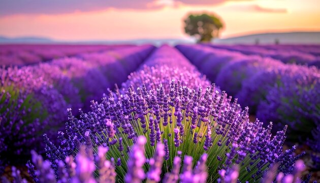 Lush lavender field at sunset