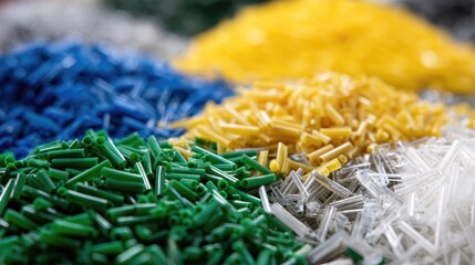 Colorful Plastic Polymer Granules in Piles: Green, Yellow, Blue, and Clear for Industrial Manufacturing