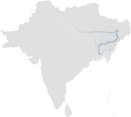 Obraz premium Brahmaputra river system – rivers vector map of South Asia highlighting main stem and primary tributaries (Web Mercator, scaled by river size, PPT-compatible, multi-layered & fully editable)