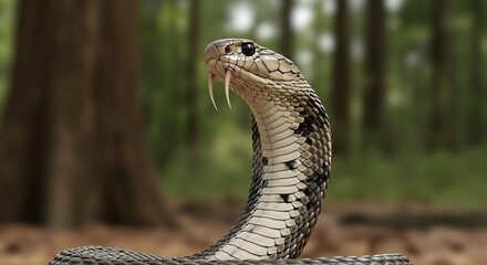 Fototapeta premium Close-up Portrait of a Cobra Snake with Forked Tongue and Fangs in Natural Forest Habitat