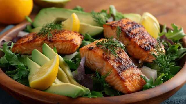 This vibrant dish features perfectly grilled salmon filets served on a fresh bed of greens, adorned with creamy avocado and zesty citrus lemon slices for added flavor.