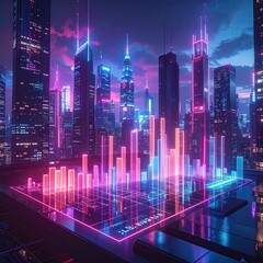 Neon city with data bar visualization