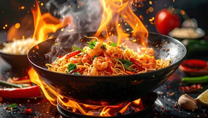 Flaming shrimp stir-fry in wok