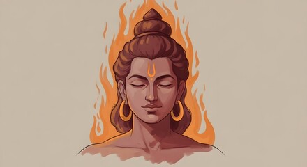 Stylized illustration of a Hindu deity or spiritual figure with closed eyes, a bindi, and an aura of flames emanating from behind the head.