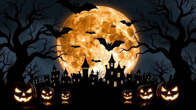 Spooky Halloween Night Scene with Full Moon Bats Castle and Jack-o-Lanterns in a Dark Forest Setting