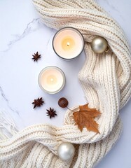 Still life candles, scarf, ornaments