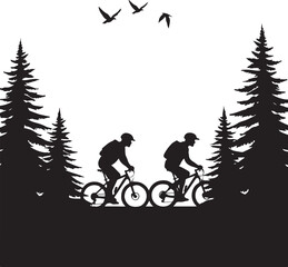 Obraz premium Two cyclists riding bicycles between pine trees silhouette