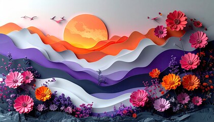 Layered hills, flowers, sun, birds
