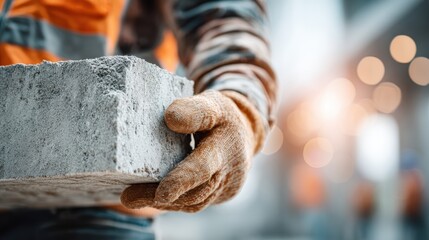 Construction worker lifting light standard at construction site action photography with urban environment effortless strength demonstration