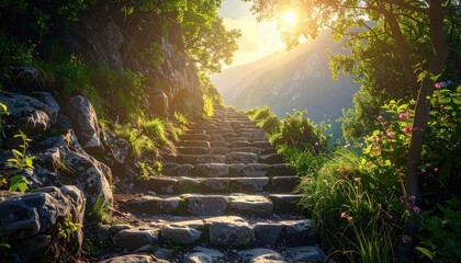 Sunny stone steps uphill pathway