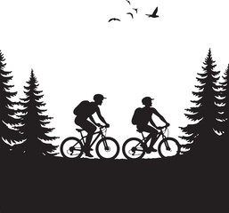 Obraz premium Two cyclists riding bicycles in a forest silhouette