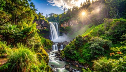 Waterfall glistens in vibrant nature