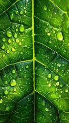 Green leaf with glistening water drops