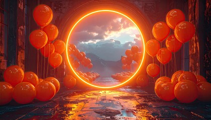 Orange balloons and neon portal view