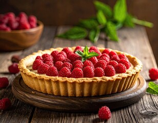 Raspberry tart on wooden board