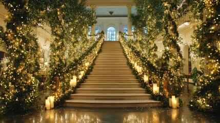 Elegant Staircase in Luxurious Hotel Lobby Decorated with Christmas Tree and Warm Lights