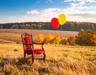 Empty chair with balloons outdoors