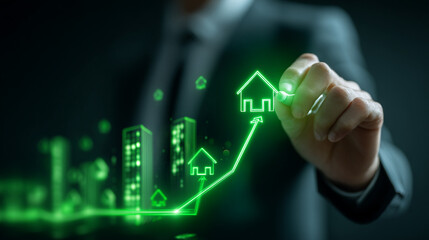 Man drawing green arrow going up to house icon with buildings near