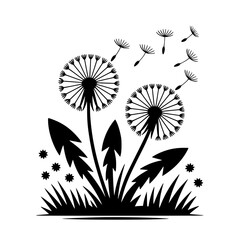 Vector art of black silhouette of dandelions blowing in wind