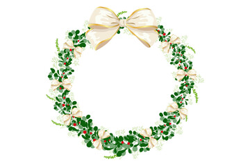 A festive wreath made of green leaves and red berries, adorned with cream-colored bows.