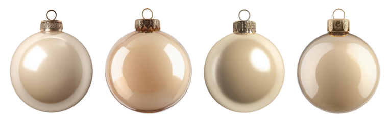 Four elegant champagne and beige Christmas ball ornaments isolated on transparent background