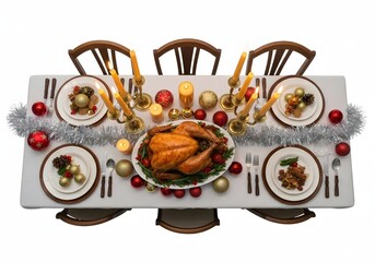 An overhead view of a festive holiday dining table set with a roasted turkey, candles, and Christmas decorations.