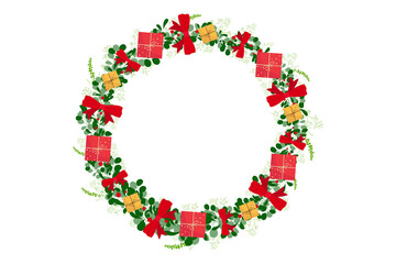 A festive wreath made of green leaves and small gift boxes, decorated with red bows.