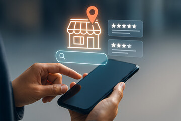 Modern smartphone with location pin, store icon, and review interface for shopping